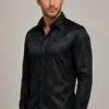 Luxury black paisley cocktail party shirt in a three-quarter view from Gentleman's Guru