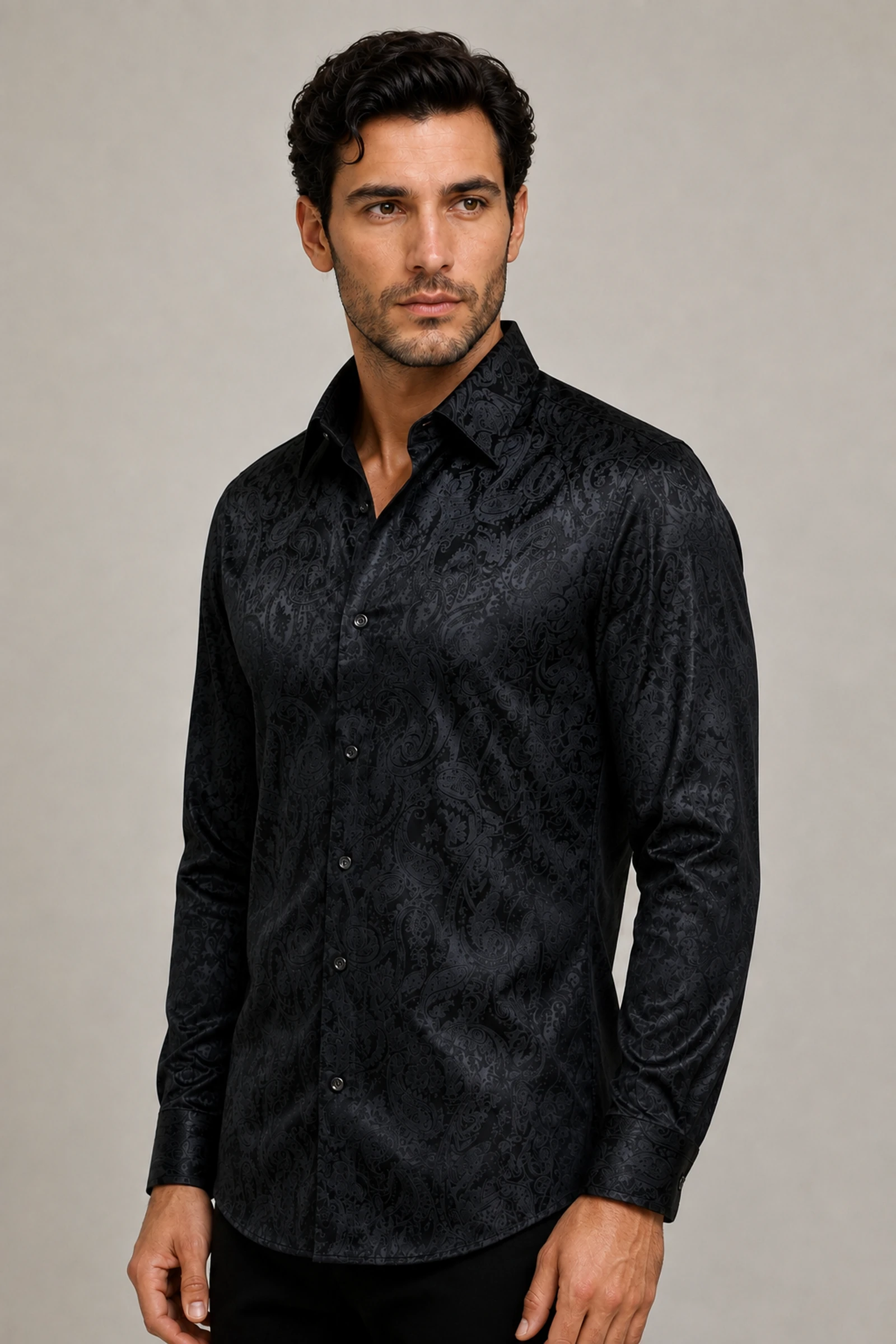 Luxury black paisley cocktail party shirt in a three-quarter view from Gentleman's Guru