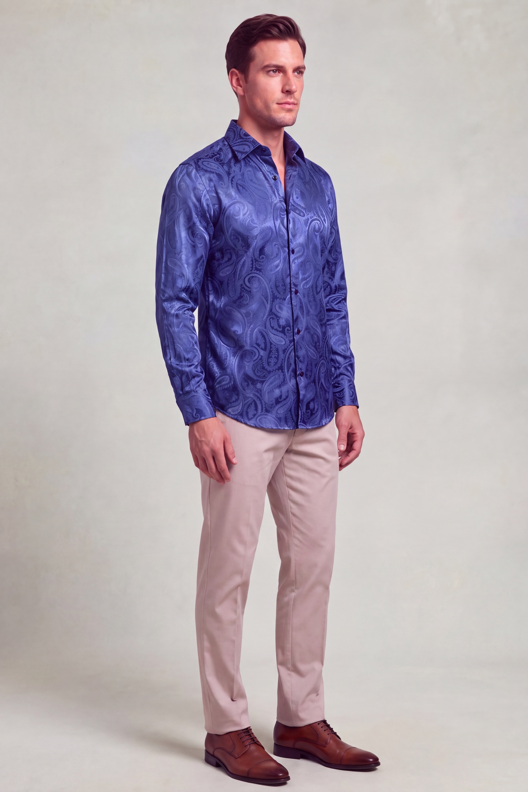 Luxury navy blue paisley dress shirt for men for prom, wedding and special occasions