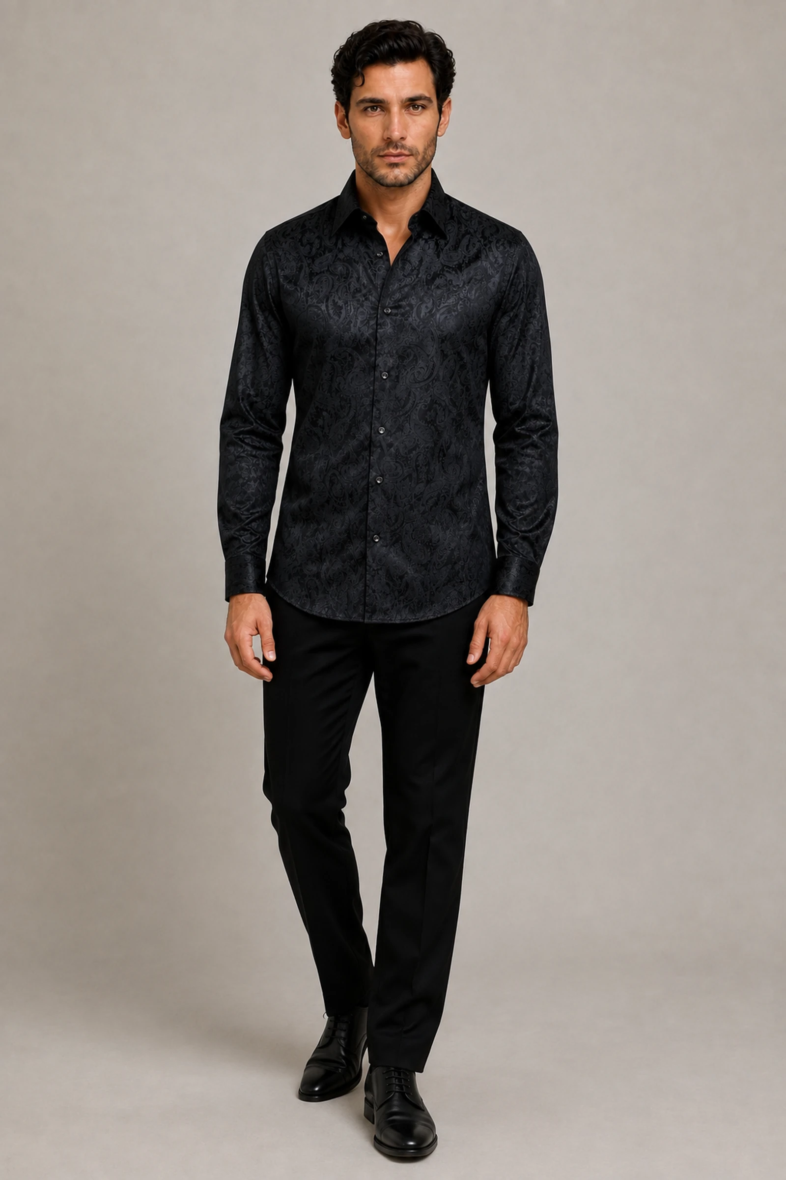 Men's black paisley formal evening shirt shown full length from Gentleman's Guru