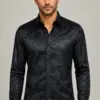 Men's black paisley wedding dress shirt shown from the front from Gentleman's Guru