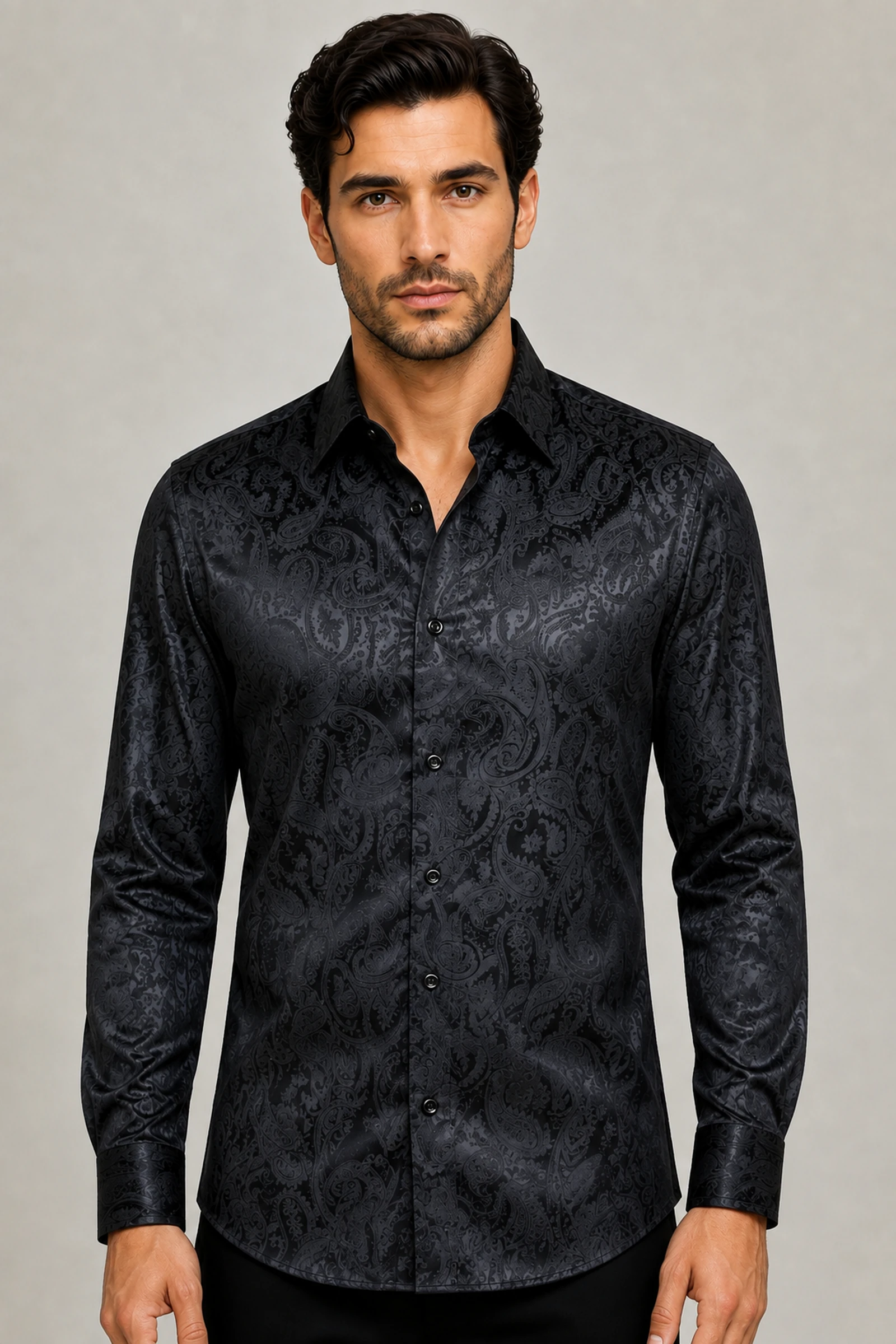 Men's black paisley wedding dress shirt shown from the front from Gentleman's Guru