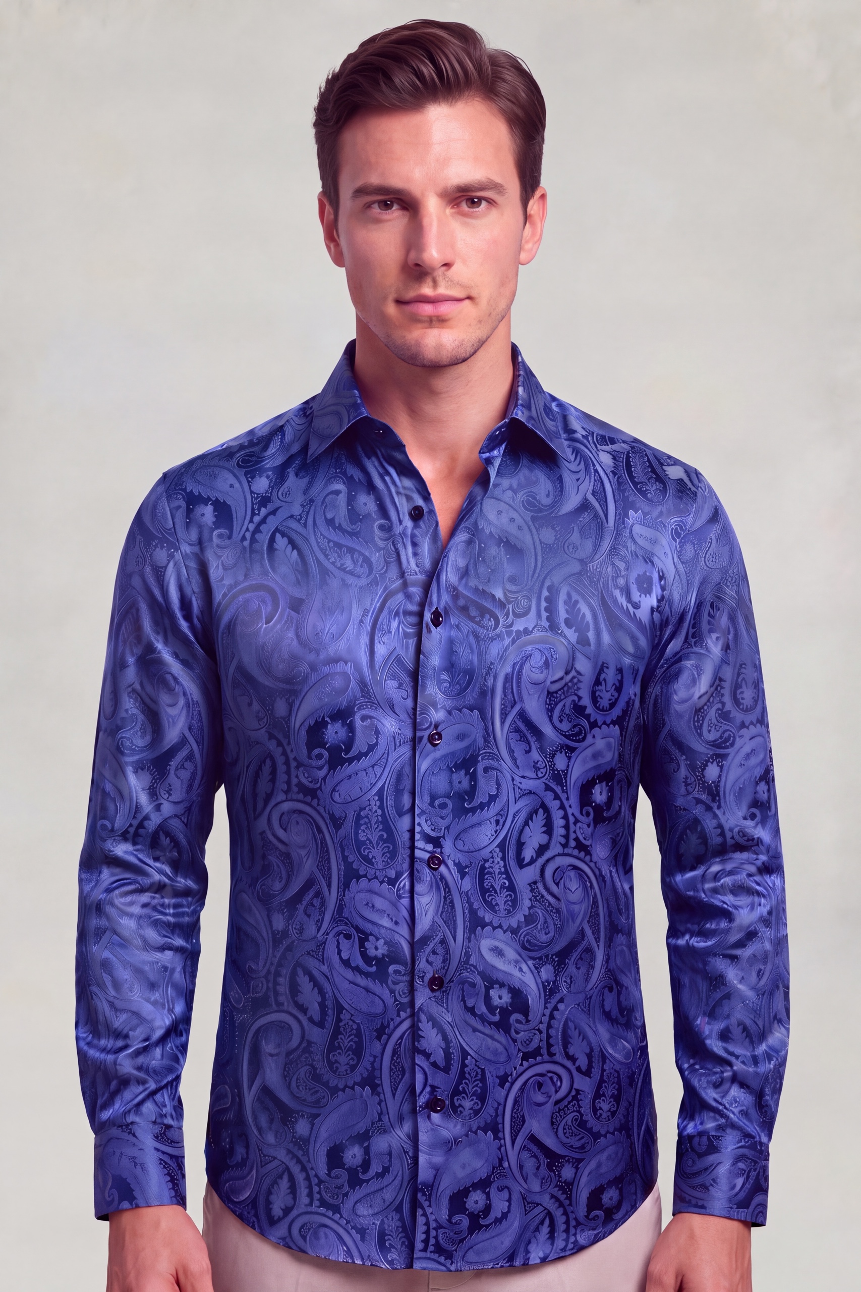 Men's luxury navy blue floral shirt with paisley pattern for weddings, prom and formal events