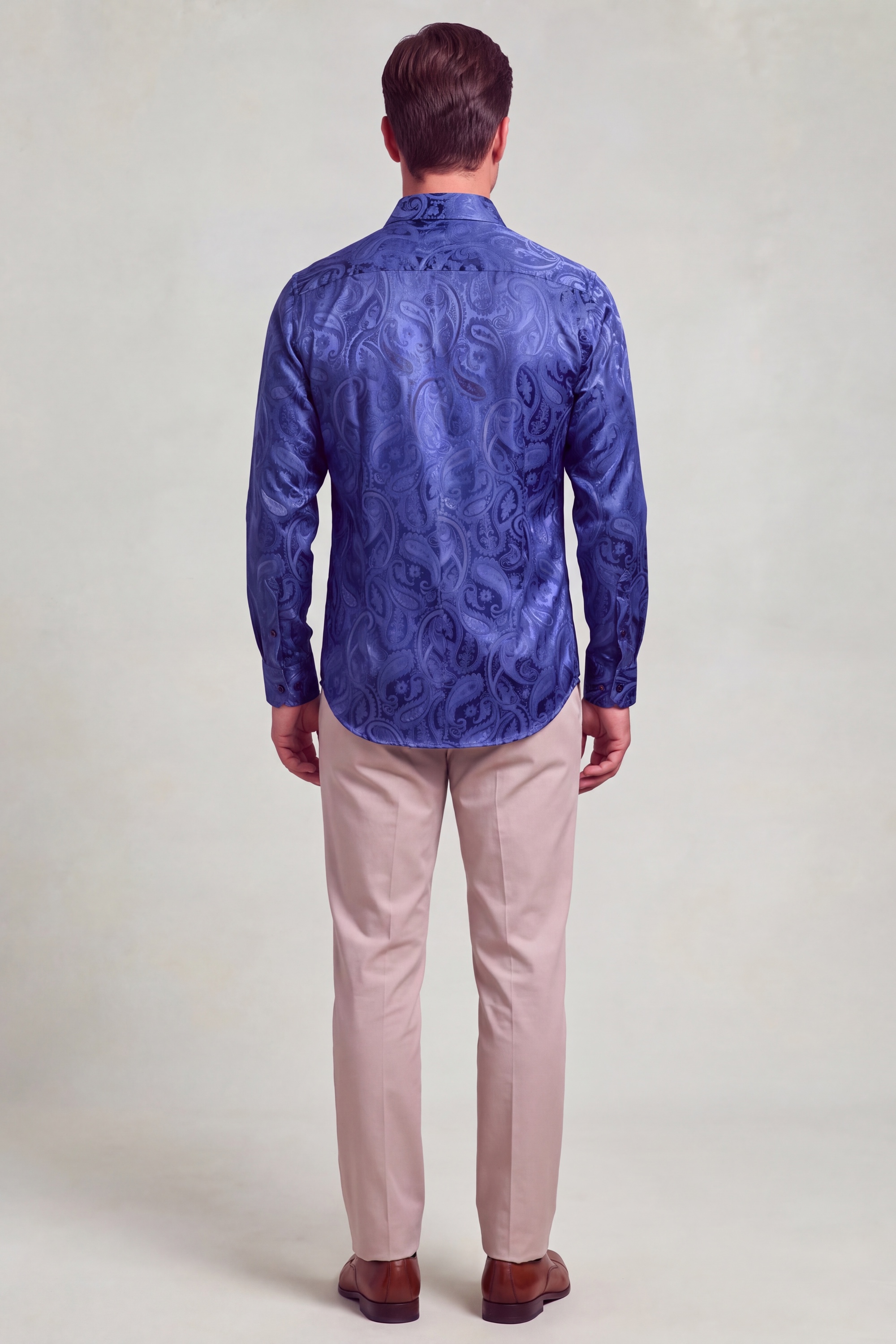Men's navy blue floral dress shirt with paisley pattern for weddings and formal occasions
