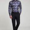 Men's navy blue and gold paisley shirt front full-body view from Gentleman's Guru