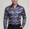 Men's navy blue and gold paisley shirt front tucked view from Gentleman's Guru