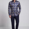 Men's navy blue and gold paisley shirt full-body untucked view from Gentleman's Guru
