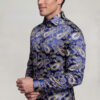 Men's navy blue and gold paisley shirt side view from Gentleman's Guru