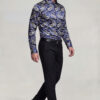 Men's navy blue and gold paisley shirt side walking view with black belt from Gentleman's Guru