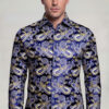 Men's navy blue and gold paisley shirt front view from Gentleman's Guru