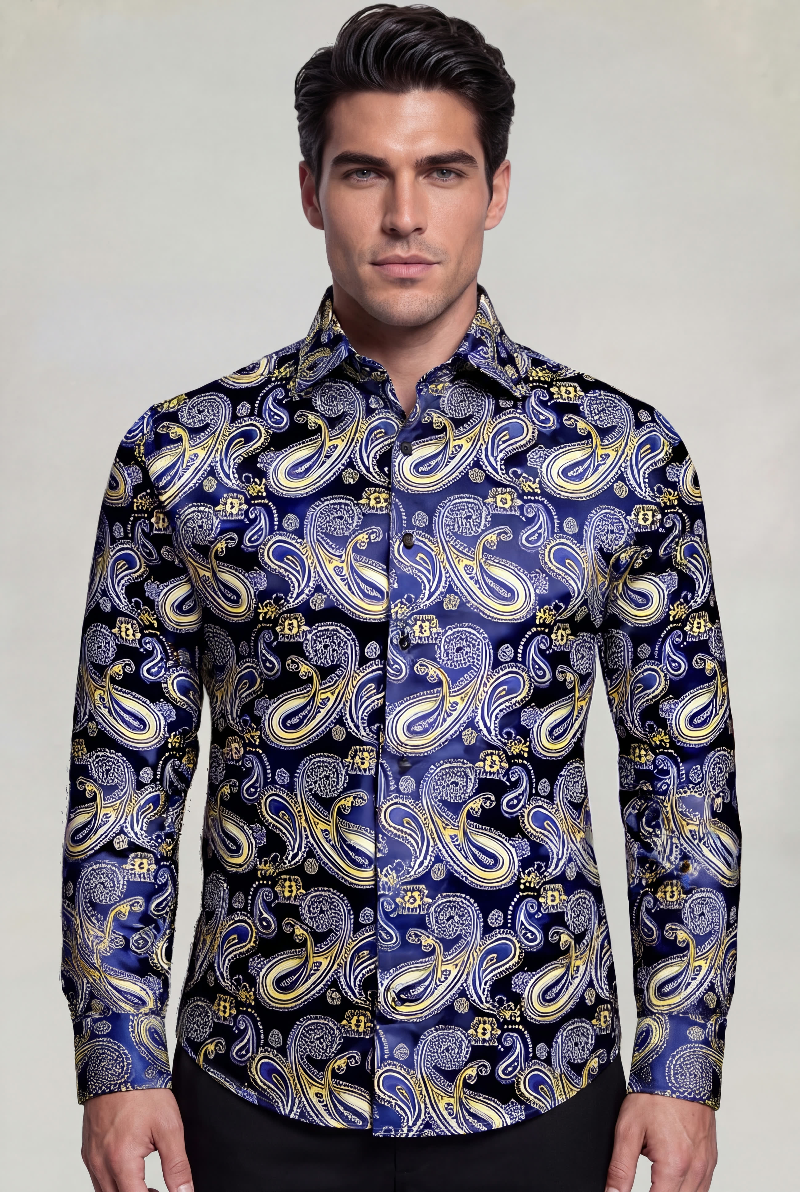 Men's navy blue and gold paisley shirt front view from Gentleman's Guru