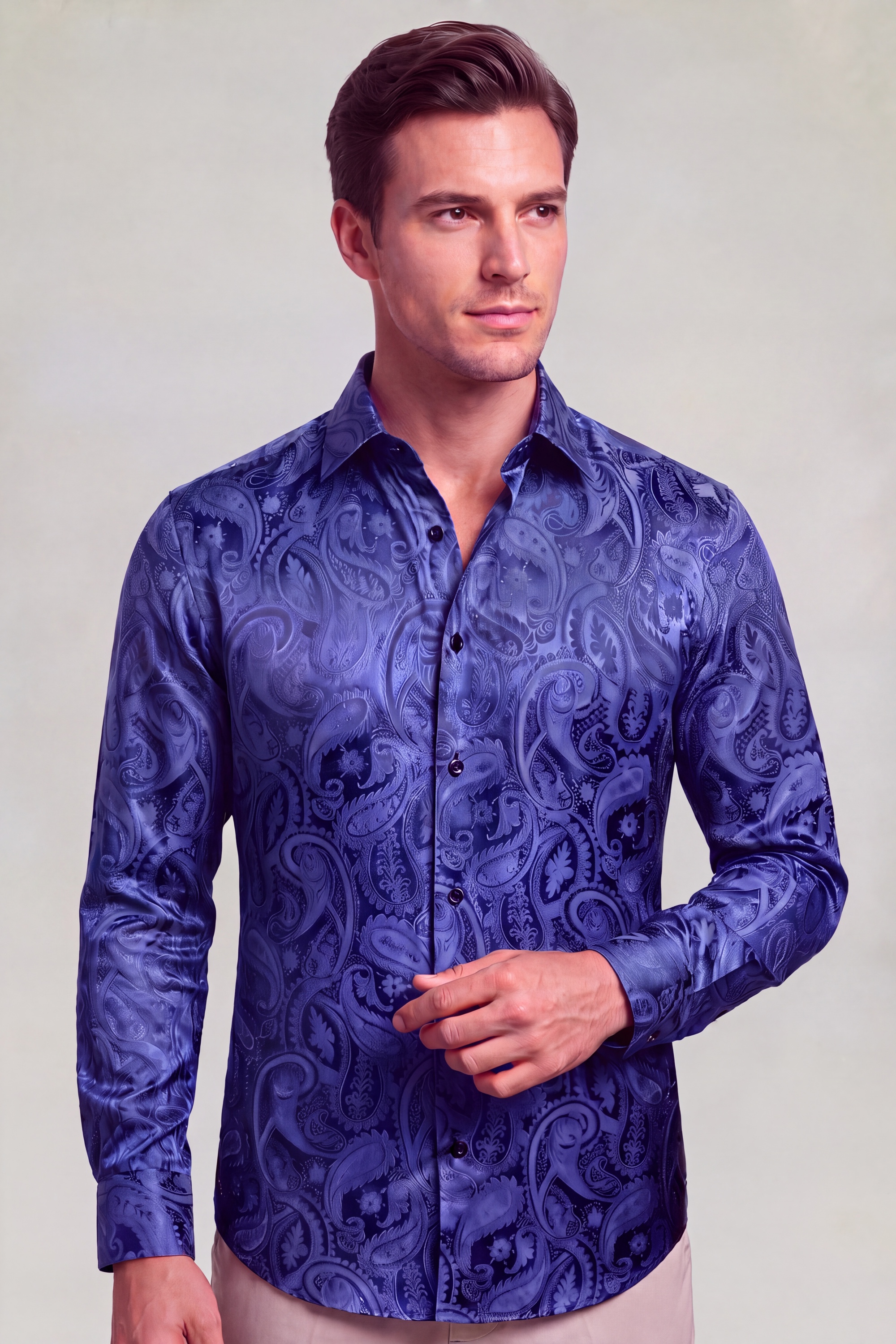 Men's navy blue paisley shirt with floral pattern for weddings, prom and formal wear