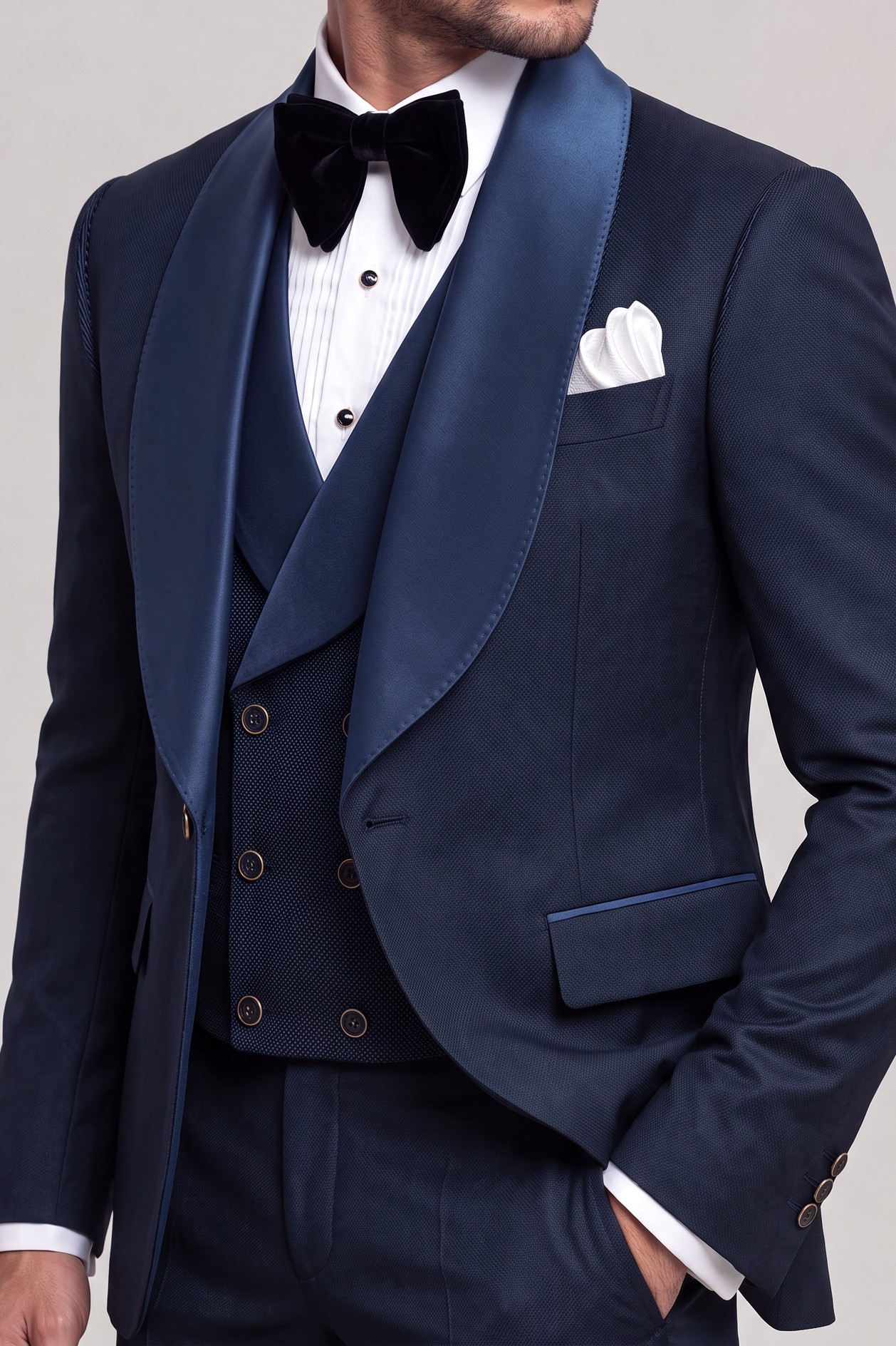 Close-up of satin shawl lapel, white pocket square and fine diamond tuxedo fabric