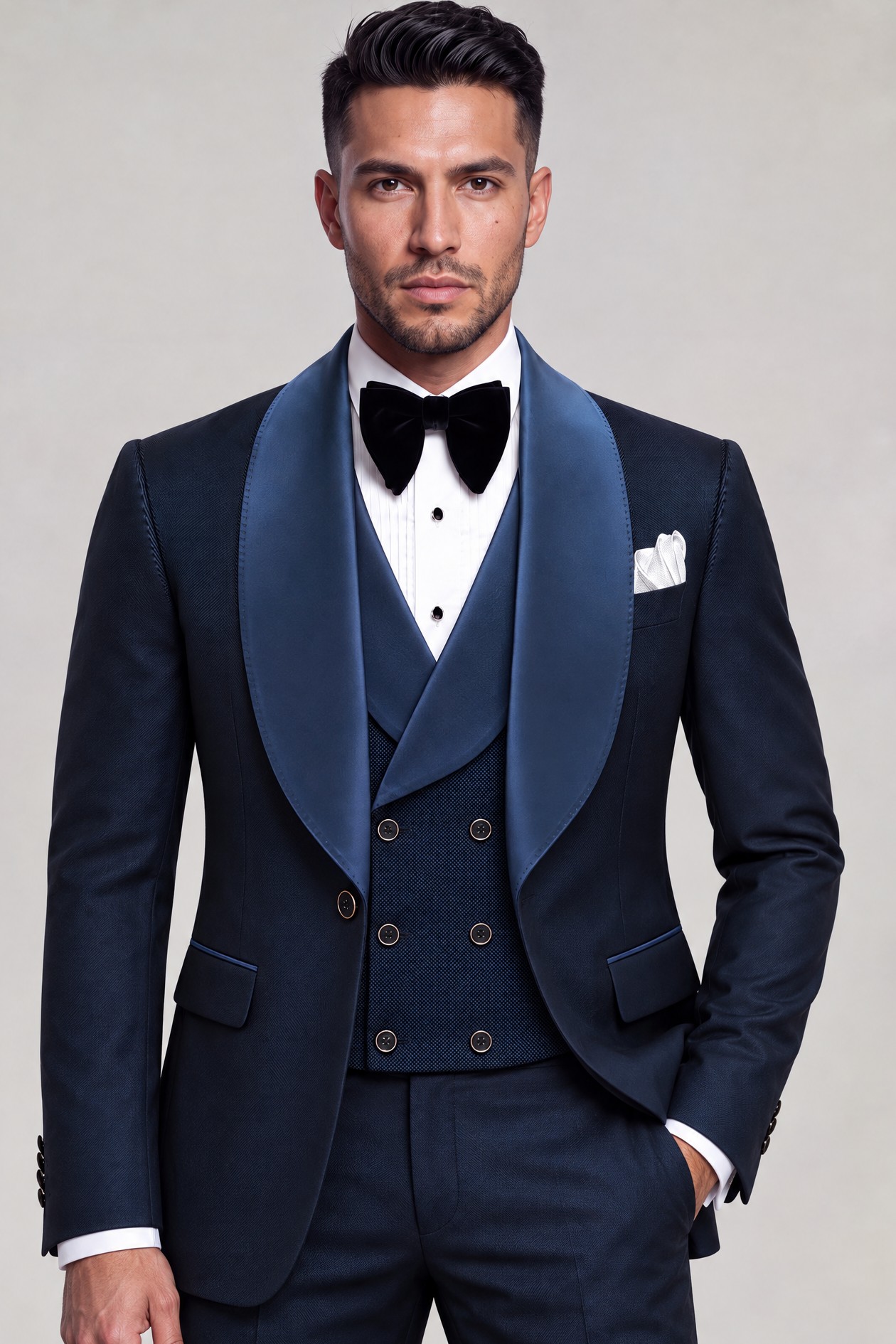 Navy blue diamond tuxedo with broad satin shawl lapels and six-button waistcoat