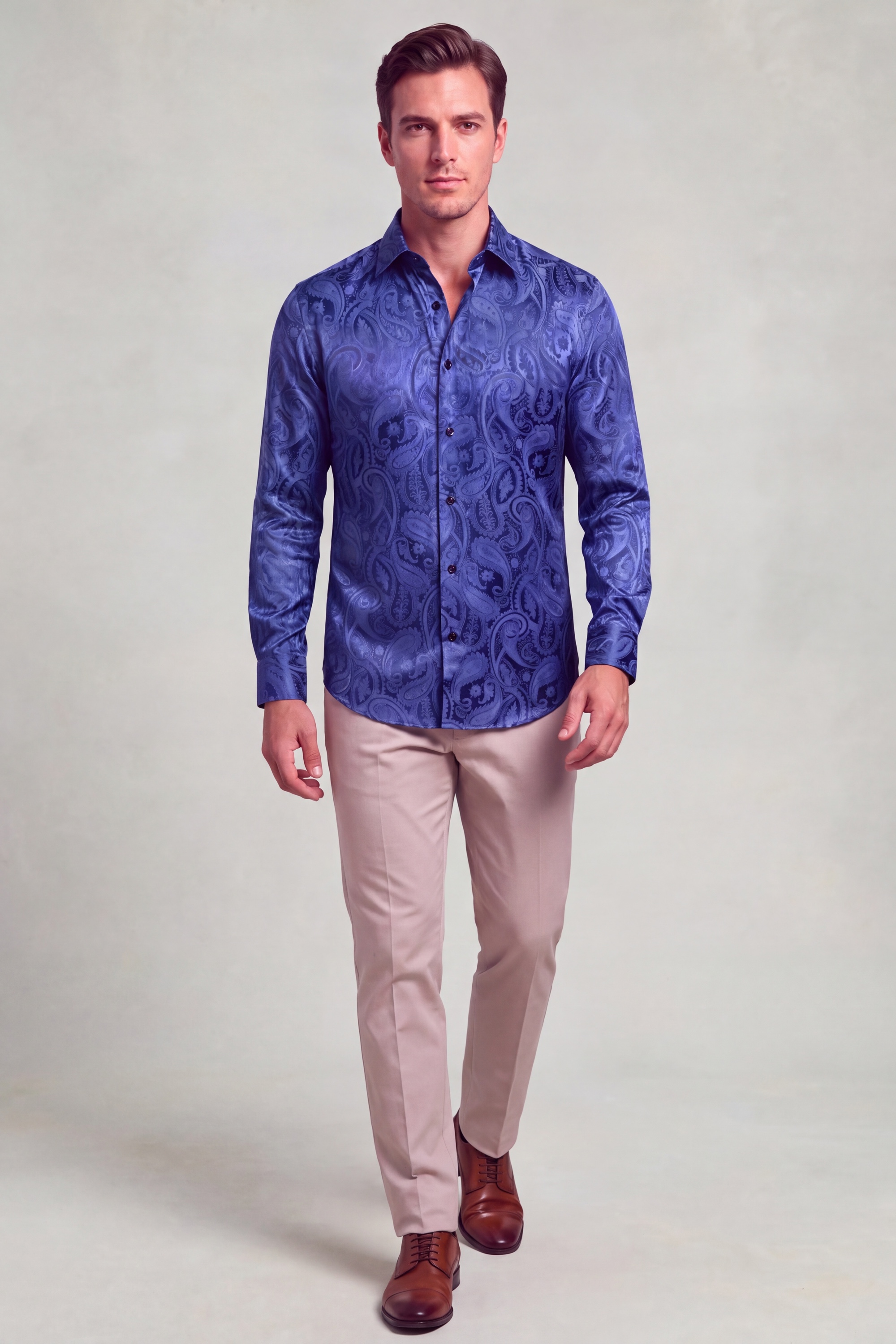 Navy blue patterned dress shirt for men for homecoming, prom and formal events