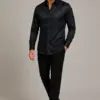Stylish black paisley night out shirt shown in a full-length walking pose from Gentleman's Guru