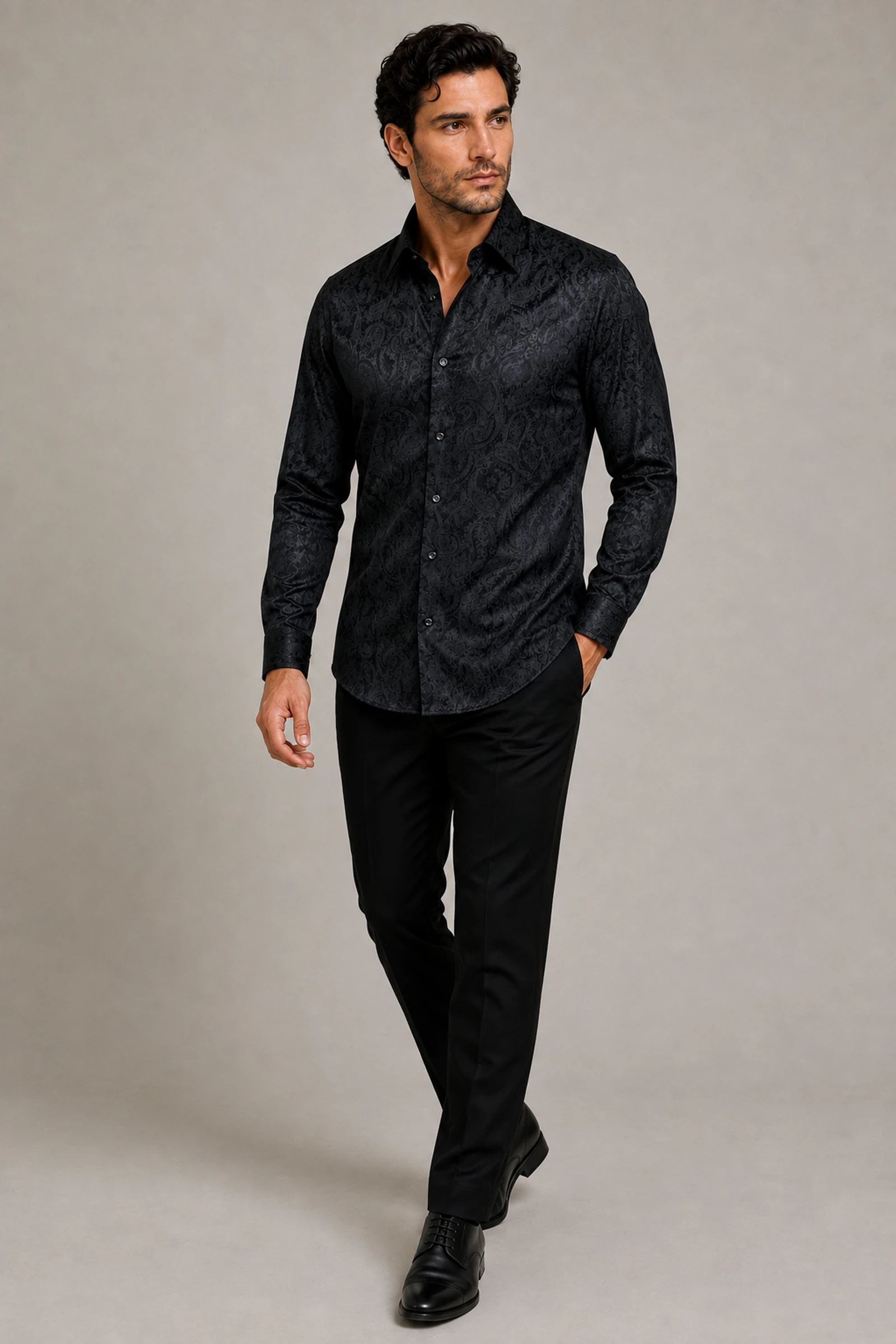 Stylish black paisley night out shirt shown in a full-length walking pose from Gentleman's Guru