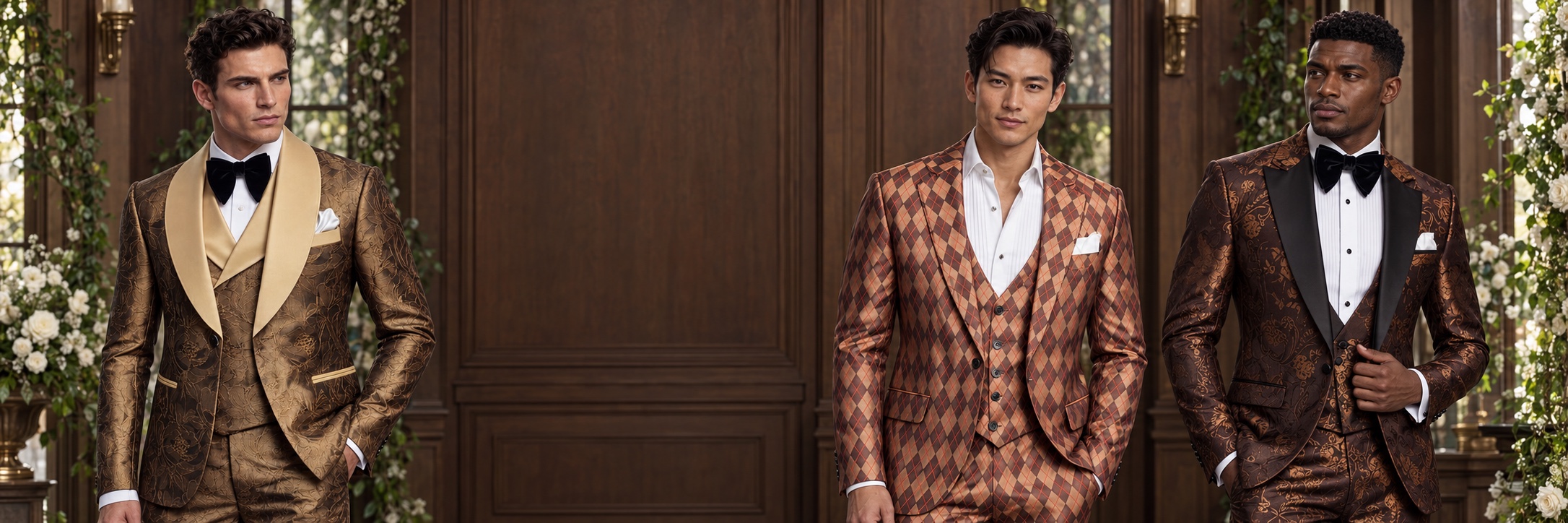 Brown Wedding Suits & Tuxedos — Pecan, Argyle and Chocolate Floral from Gentlemansguru.com Three men wearing pecan brown, brown argyle and chocolate floral wedding suits and tuxedos in a walnut-paneled conservatory from Gentlemansguru.com