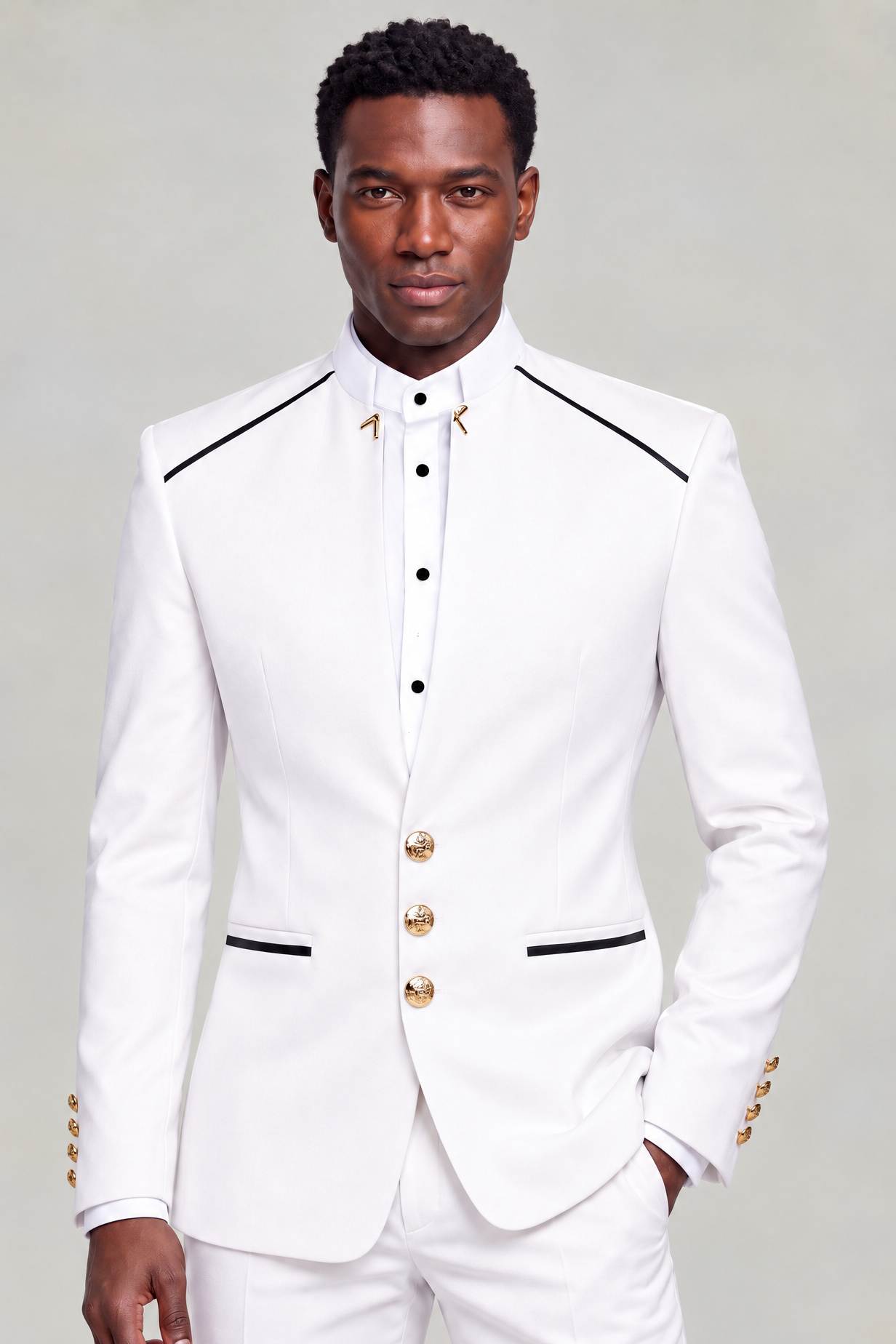 White Mandarin Collar Suit Gold Cuffs Cropped Thumbnail from Gentlemansguru.com