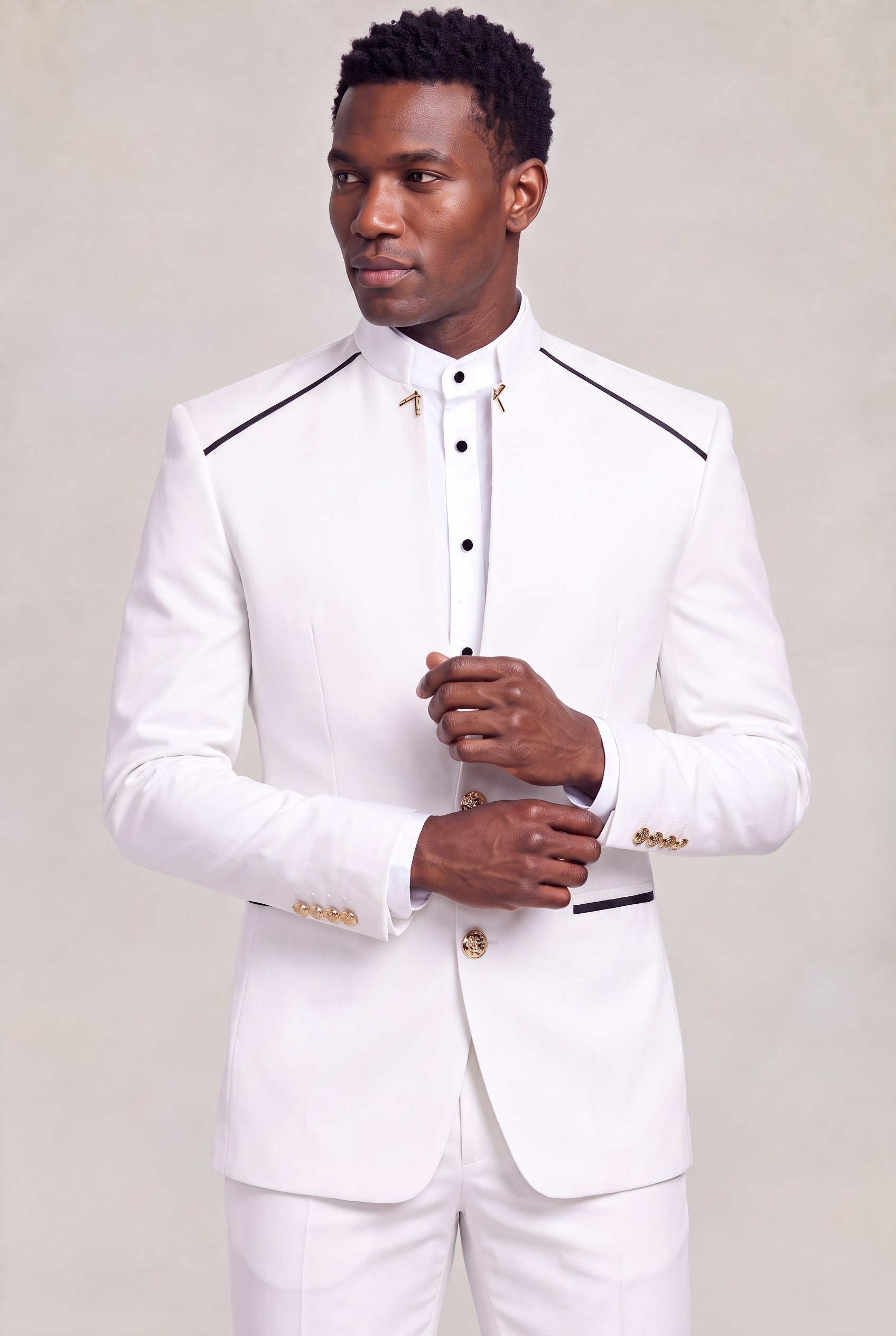 White Mandarin Collar Suit Gold Cuffs Cuff Styling from Gentlemansguru.com