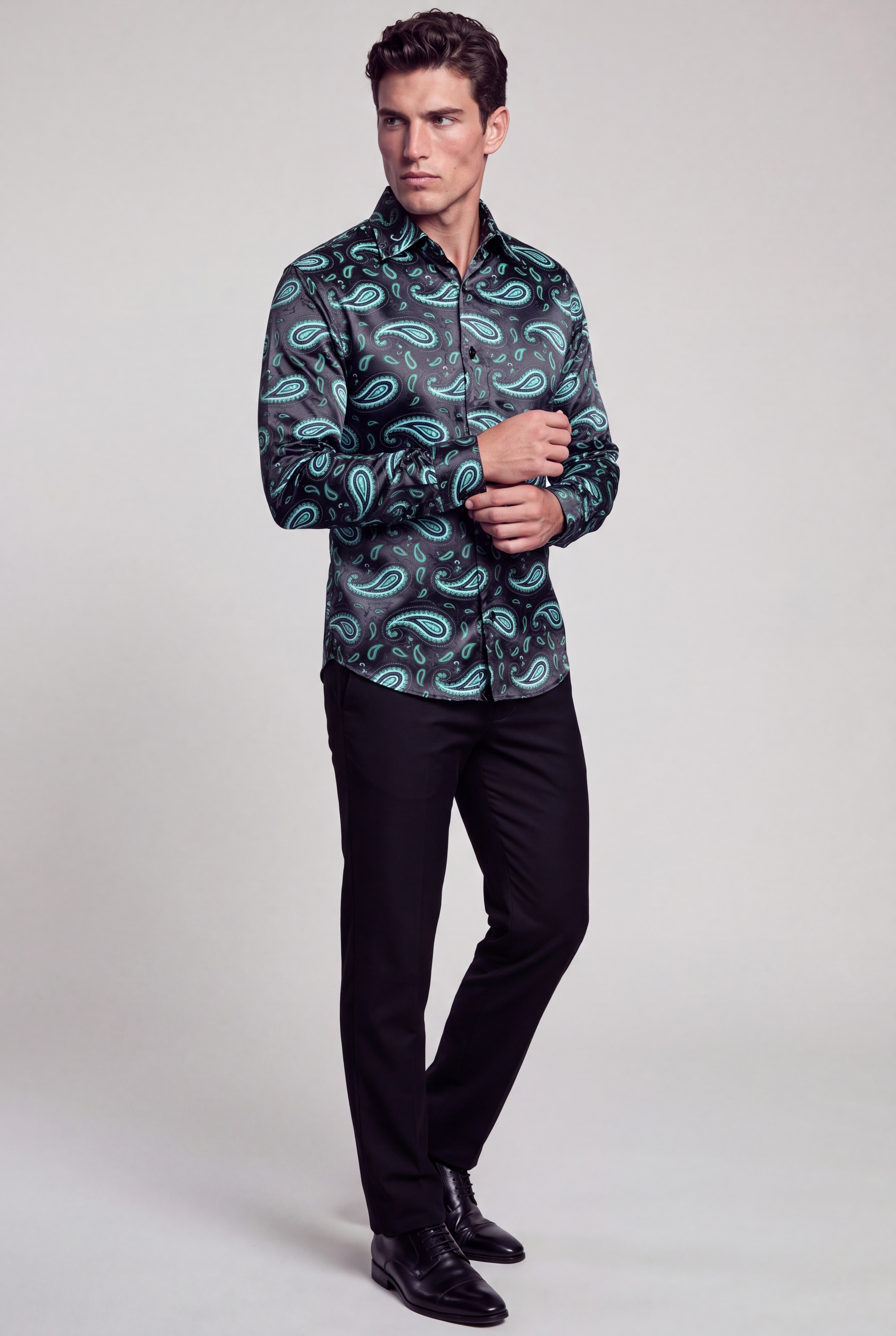 Mens-Black-and-Green-Paisley-Shirt-Full-Body-Cuff-Pose-from-Gentlemansguru.com