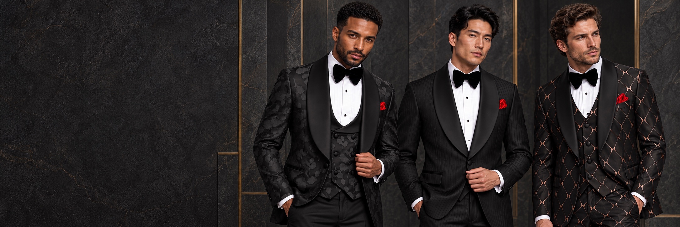 Black Tuxedos — Floral Jacquard, Tonal Stripes and Rose-Gold Chain Link from Gentlemansguru.com Three models wearing black floral jacquard, tonal striped and black with rose-gold chain-link tuxedos from Gentlemansguru.com