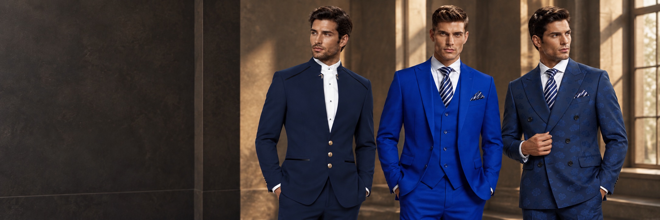 Blue suits for men featuring royal blue three-piece tailoring and a dark blue floral double-breasted suit from Gentlemansguru.com