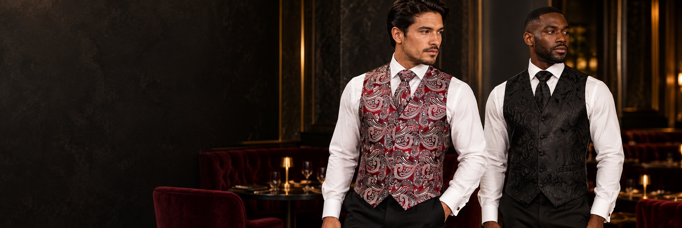 Burgundy Suit Vests & Tuxedo Vests — Paisley Models Desktop from Gentlemansguru.com Two men wearing burgundy and silver paisley and black paisley vests with matching ties in a dark brass-accented lounge from Gentlemansguru.com