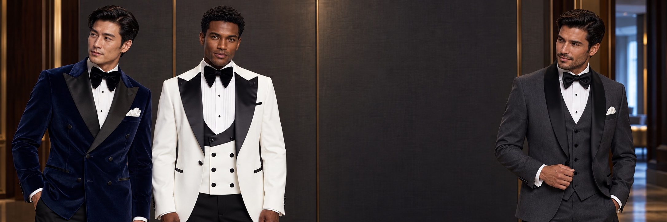 Three models wearing a midnight blue double-breasted velvet dinner jacket with black trousers, a white tuxedo with black peak lapels and a charcoal grey tuxedo from Gentlemansguru.com