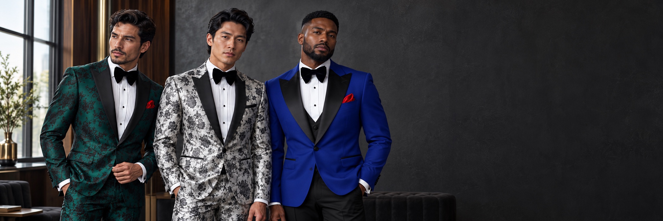 Custom Tuxedos — Forest Green Floral, Silver Floral and Royal Blue Desktop Banner from Gentlemansguru.com Three models wearing forest green floral, silver floral and royal blue custom tuxedos in a modern fitting salon from Gentlemansguru.com