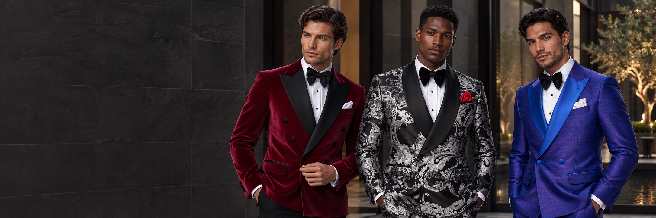 Double Breasted Tuxedos — Burgundy Velvet, Silver Paisley and Sapphire Blue Desktop Banner from Gentlemansguru.com Three models wearing a burgundy velvet double-breasted jacket, black and silver paisley tuxedo, and sapphire blue tuxedo from Gentlemansguru.com
