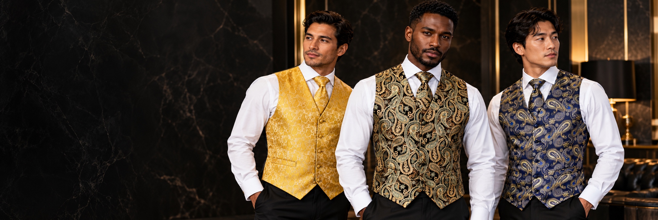 Gold Suit Vests & Tuxedo Vests — Gold, Black and Navy Paisley Models Desktop from Gentlemansguru.com Three men wearing gold, black and gold, and navy and gold paisley vests with matching ties in a dark marble lounge from Gentlemansguru.com