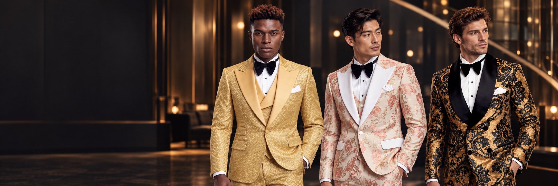 Gold Tuxedos — Geometric Gold, Rose Gold and White, Black Velvet Damask Desktop Banner from Gentlemansguru.com Three models wearing geometric gold, rose gold and white floral, and black and gold velvet damask tuxedos from Gentlemansguru.com