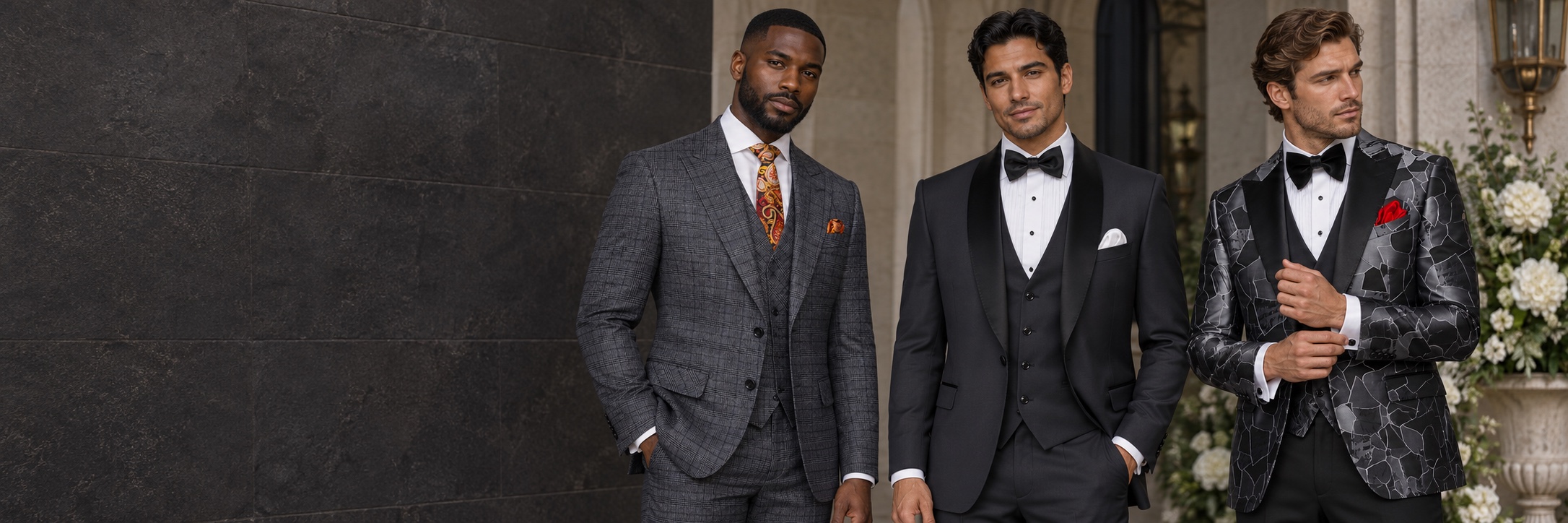 Grey Wedding Suits & Tuxedos — Charcoal, Plaid and Abstract from Gentlemansguru.com Three men wearing a dark grey plaid wedding suit, a solid charcoal tuxedo and a grey-and-black abstract tuxedo at a stone estate from Gentlemansguru.com