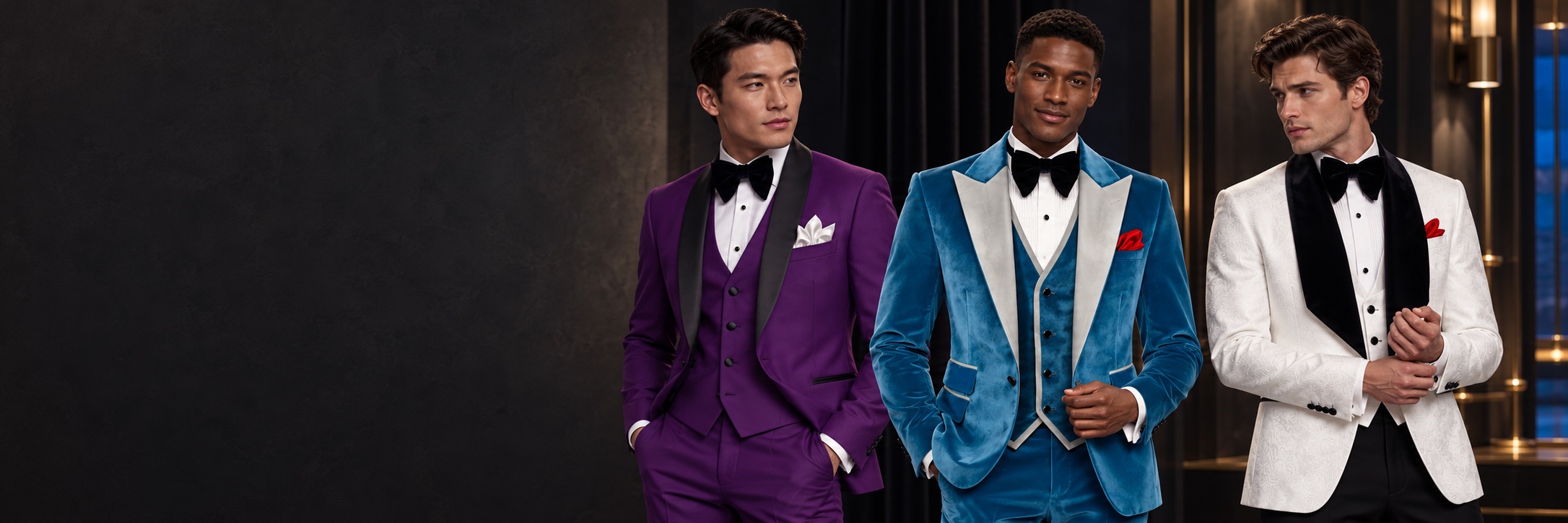 Homecoming Suits & Tuxedos — Purple, Cerulean Velvet and White Floral from Gentlemansguru.com Three models wearing a purple tuxedo, cerulean blue velvet tuxedo with silver lapels, and white floral tuxedo jacket with black trousers from Gentlemansguru.com
