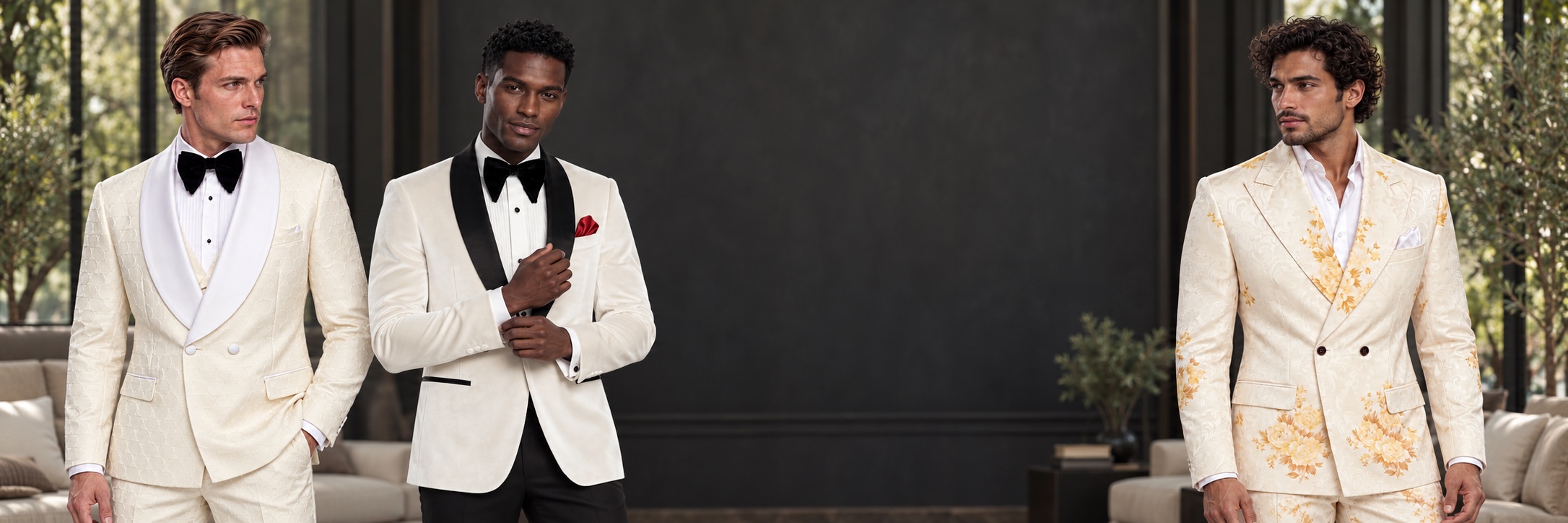 Ivory & Cream Tuxedos — Circle Jacquard, Velvet and Cream Floral from Gentlemansguru.com Three models wearing a cream circle-jacquard tuxedo, ivory velvet jacket with black trousers, and cream floral suit from Gentlemansguru.com