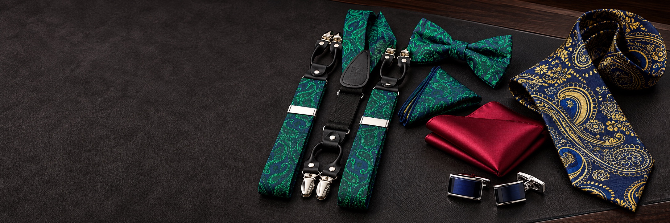 Men’s Accessories — Emerald Paisley, Navy and Gold, Burgundy and Cufflinks from Gentlemansguru.com Emerald paisley bow tie and suspenders, navy-and-gold necktie, burgundy pocket square and navy cufflinks on charcoal leather from Gentlemansguru.com
