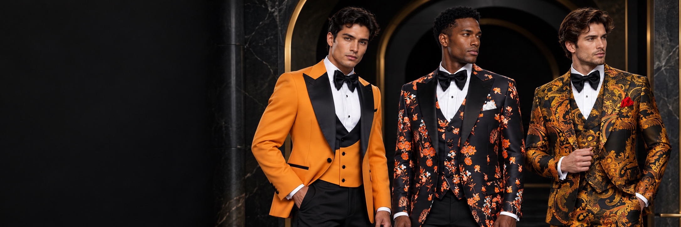Orange Prom Suits & Tuxedos — Peak Lapels, Queen Anne’s Lace and Paisley from Gentlemansguru.com Three models wearing orange prom suits and tuxedos with peak lapels, Queen Anne’s lace florals and black-orange paisley from Gentlemansguru.com