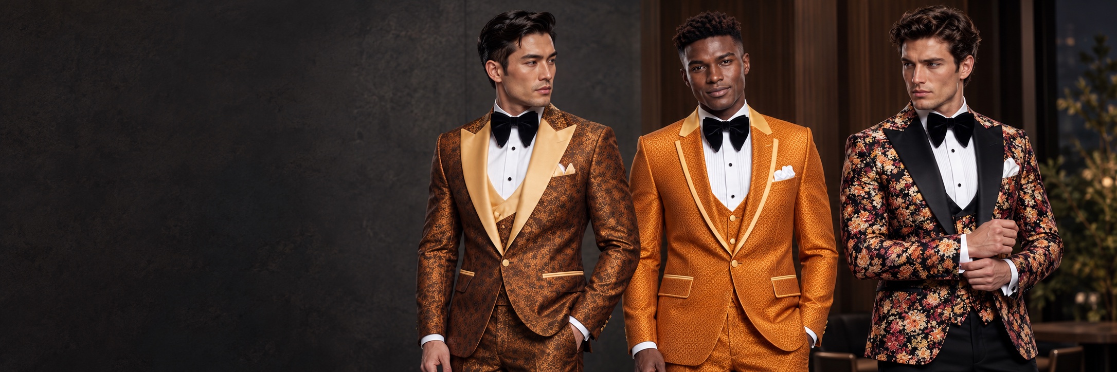 Orange Tuxedos — Burnt Orange Chamomile, Trellis and Vintage Floral from Gentlemansguru.com Three models wearing burnt-orange chamomile and trellis-orange tuxedos, and a black vintage floral tuxedo with black trousers from Gentlemansguru.com