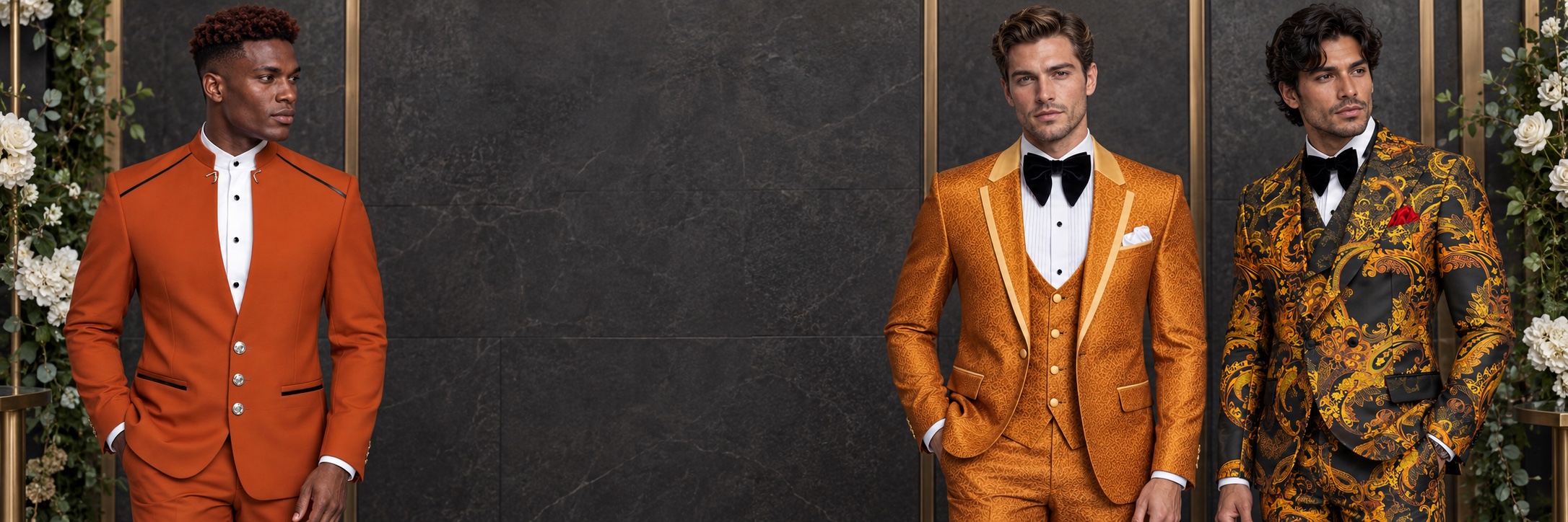 Orange Wedding Suits & Groom’s Tuxedos — Mandarin, Trellis and Paisley from Gentlemansguru.com Orange Mandarin-collar wedding suit, trellis groom tuxedo and black-and-orange paisley suit from Gentlemansguru.com