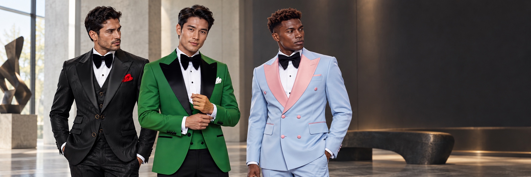 Peak Lapel Suits & Tuxedos — Wavy Black, Green and Powder Blue & Pink from Gentlemansguru.com Three models wearing wavy black, green with black trousers and powder blue with pink peak lapel tuxedos from Gentlemansguru.com
