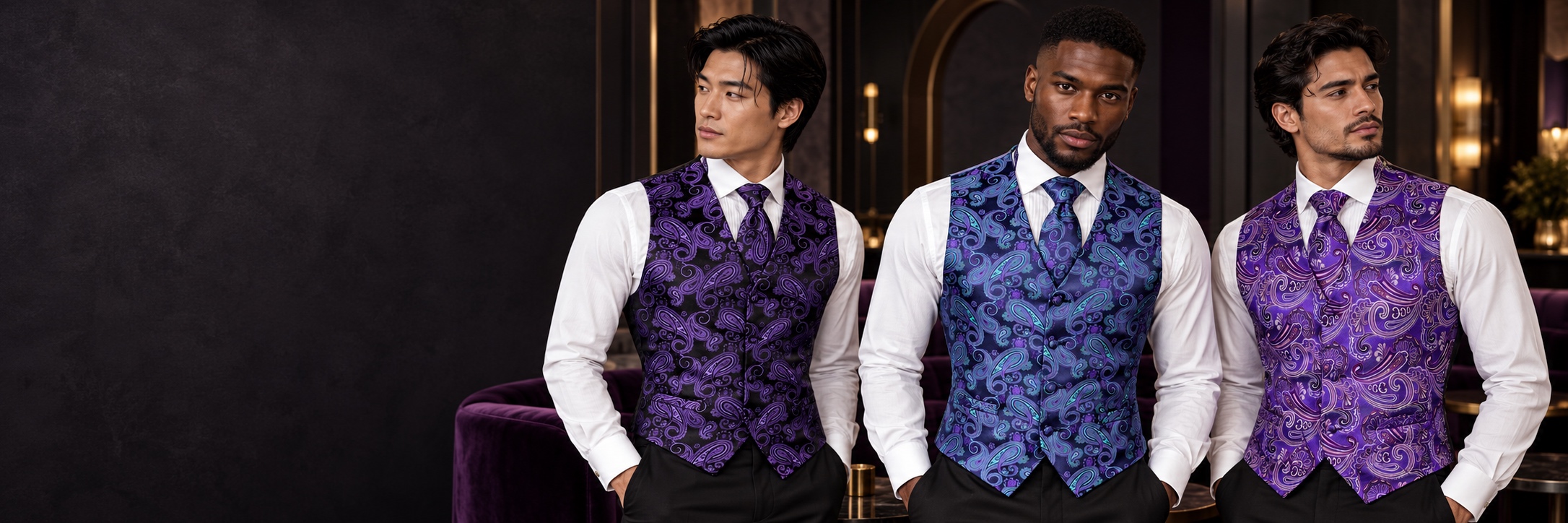 Purple Suit Vests & Tuxedo Vests — Purple, Turquoise and Violet Paisley Models Desktop from Gentlemansguru.com Three men wearing purple, purple and turquoise, and violet paisley vests with matching ties in a dark art deco lounge from Gentlemansguru.com