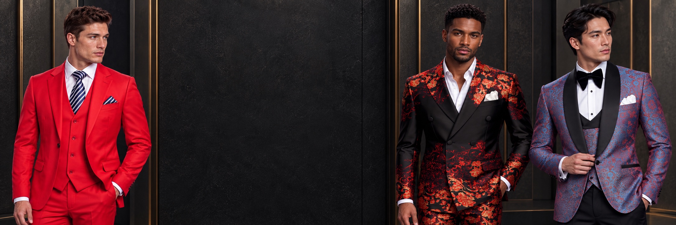 Red Prom Suits & Tuxedos — Classic Red, Cremon and Suzani Floral from Gentlemansguru.com Three models wearing a classic red prom suit, red-black-and-gold Cremon floral suit and blue-and-red Suzani floral tuxedo from Gentlemansguru.com