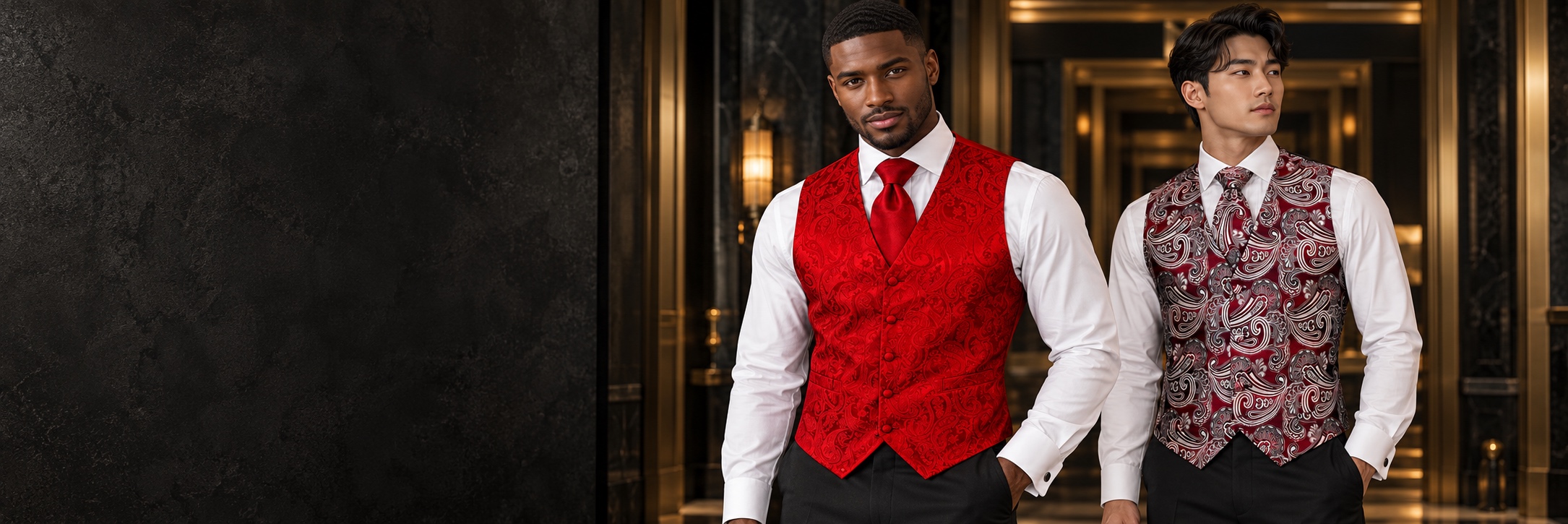 Red Suit Vests & Tuxedo Vests — Red and Burgundy Paisley Models Desktop from Gentlemansguru.com Two men wearing red and burgundy paisley suit vests with matching ties in a dark art deco foyer from Gentlemansguru.com