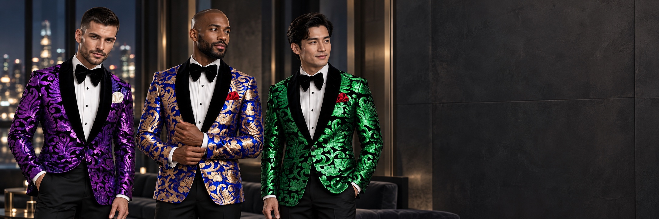 Sequin Tuxedo Suits & Jackets — Purple, Royal Blue & Gold and Green from Gentlemansguru.com Three models wearing purple and black, royal blue and gold, and green and black sequin tuxedo jackets with black velvet shawl lapels from Gentlemansguru.com