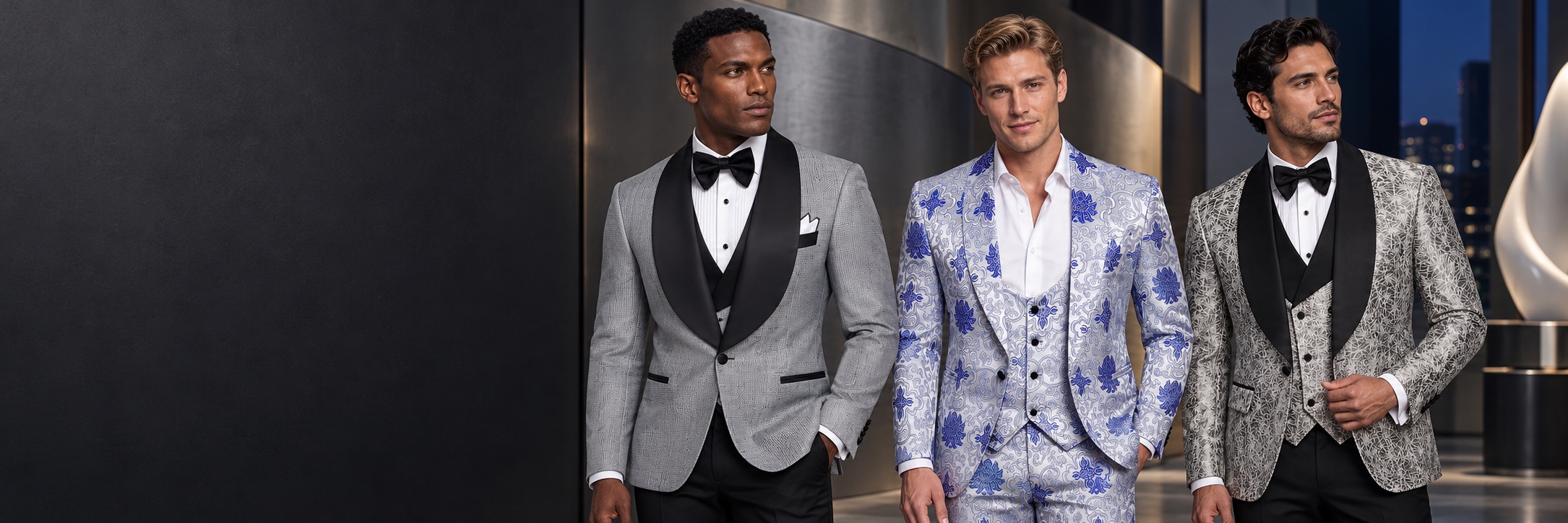 Three models wearing grey tweed with black trousers, matching royal blue and silver porcelain print, and abstract silver tuxedos with black trousers in a platinum gallery from Gentlemansguru.com