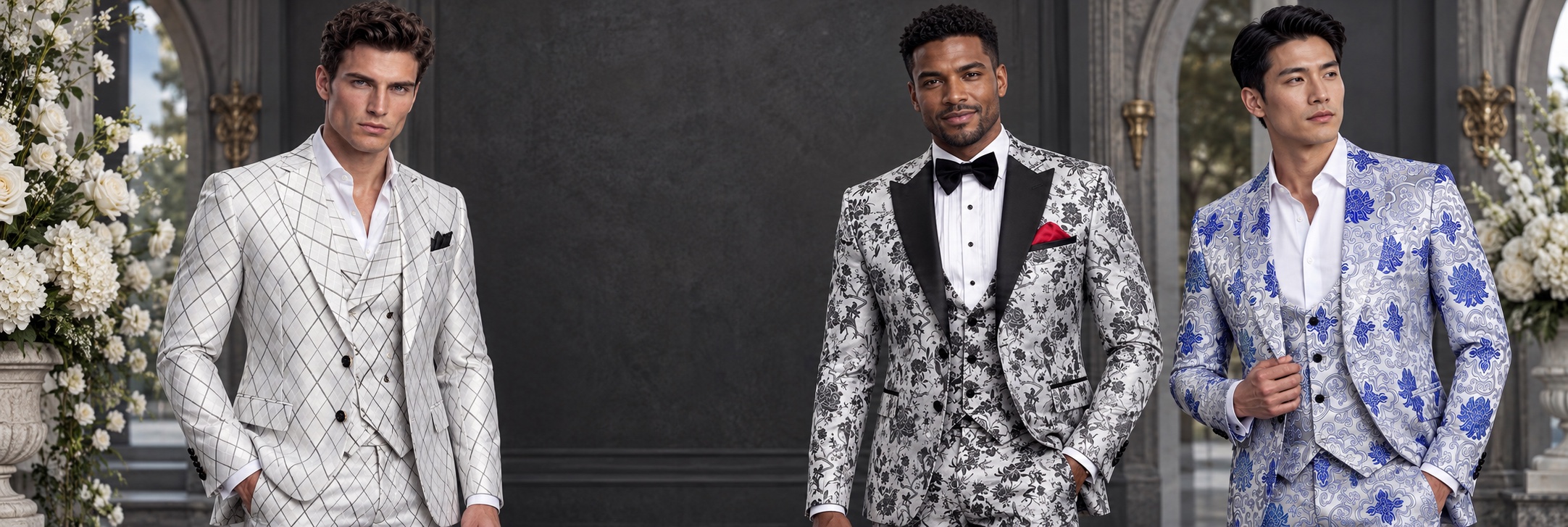Silver Wedding Suits & Tuxedos — Argyle, Floral and Royal Blue Porcelain from Gentlemansguru.com Three men wearing a silver argyle wedding suit, a silver floral tuxedo and a royal blue and silver porcelain-print outfit in an estate gallery from Gentlemansguru.com