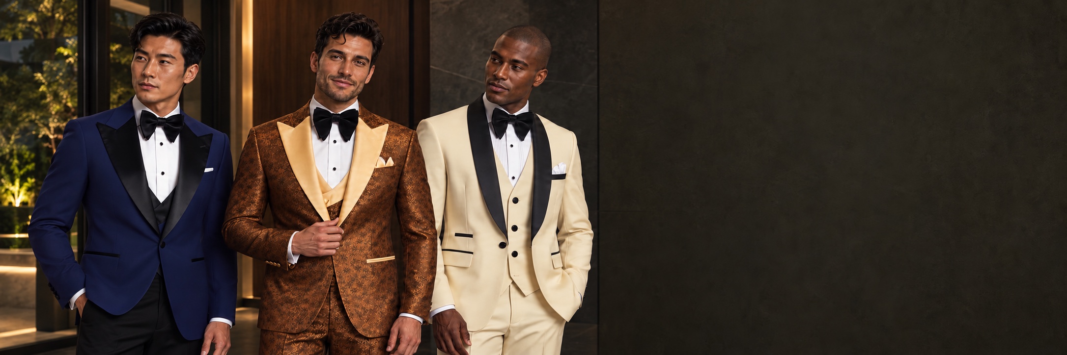 Slim Fit Tuxedo Suits & Jackets — Navy Peak Lapels, Burnt Orange and Champagne from Gentlemansguru.com Three models wearing navy peak lapel, burnt-orange floral and champagne slim fit tuxedos in a walnut and slate foyer from Gentlemansguru.com