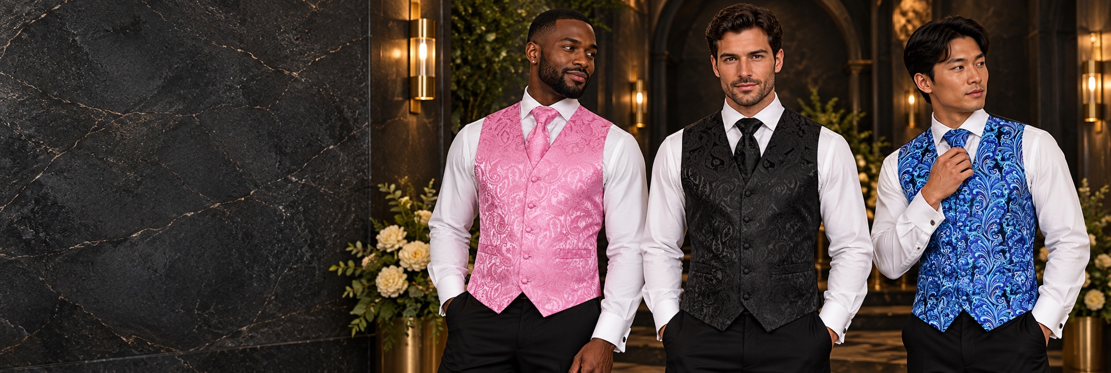 Wedding Vests for Grooms & Groomsmen — Pink, Black and Aqua Models Desktop from Gentlemansguru.com Three men wearing light pink, black and aqua paisley vests with matching ties in a dark stone wedding foyer with flowers from Gentlemansguru.com