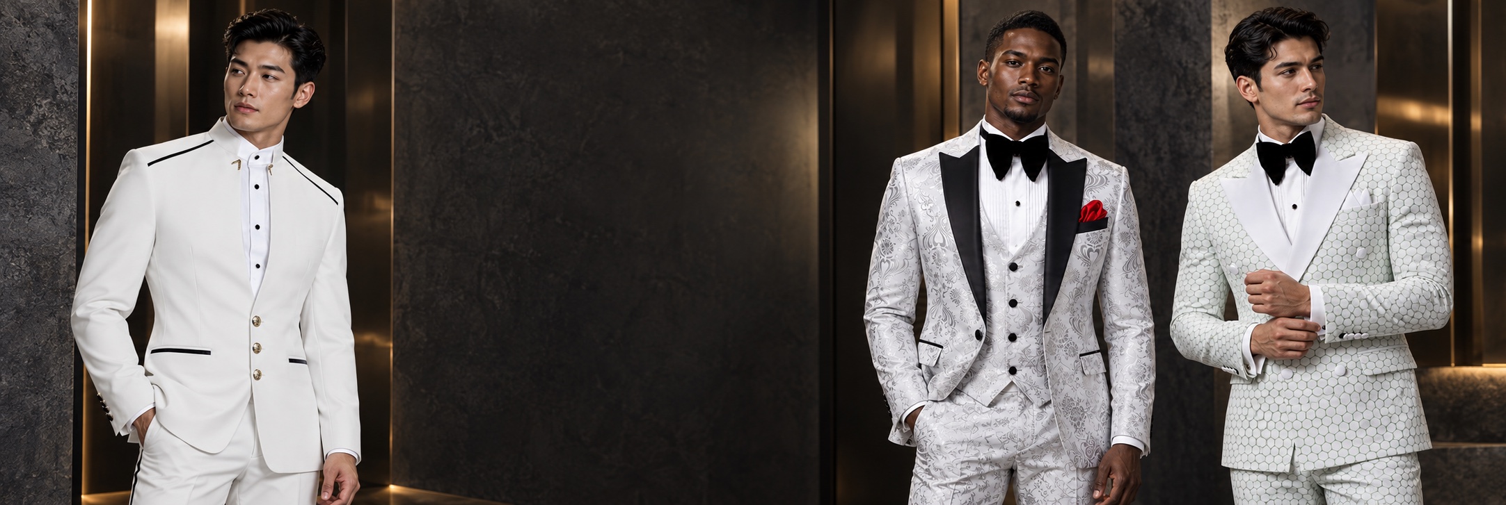 White Prom Suits & Tuxedos — Mandarin Collar, Silver Florals and Mint Detailing from Gentlemansguru.com Three models wearing white prom suits and tuxedos with Mandarin collar, silver florals and mint geometric detailing from Gentlemansguru.com